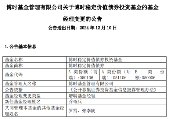 博时稳定价值债券增聘乔奇兵